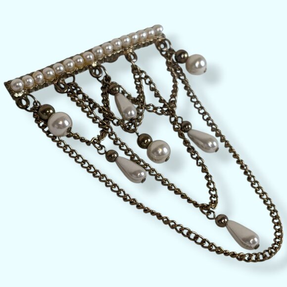 V Faux Pearl Danglig Bar Brooch - Picture 3 of 7